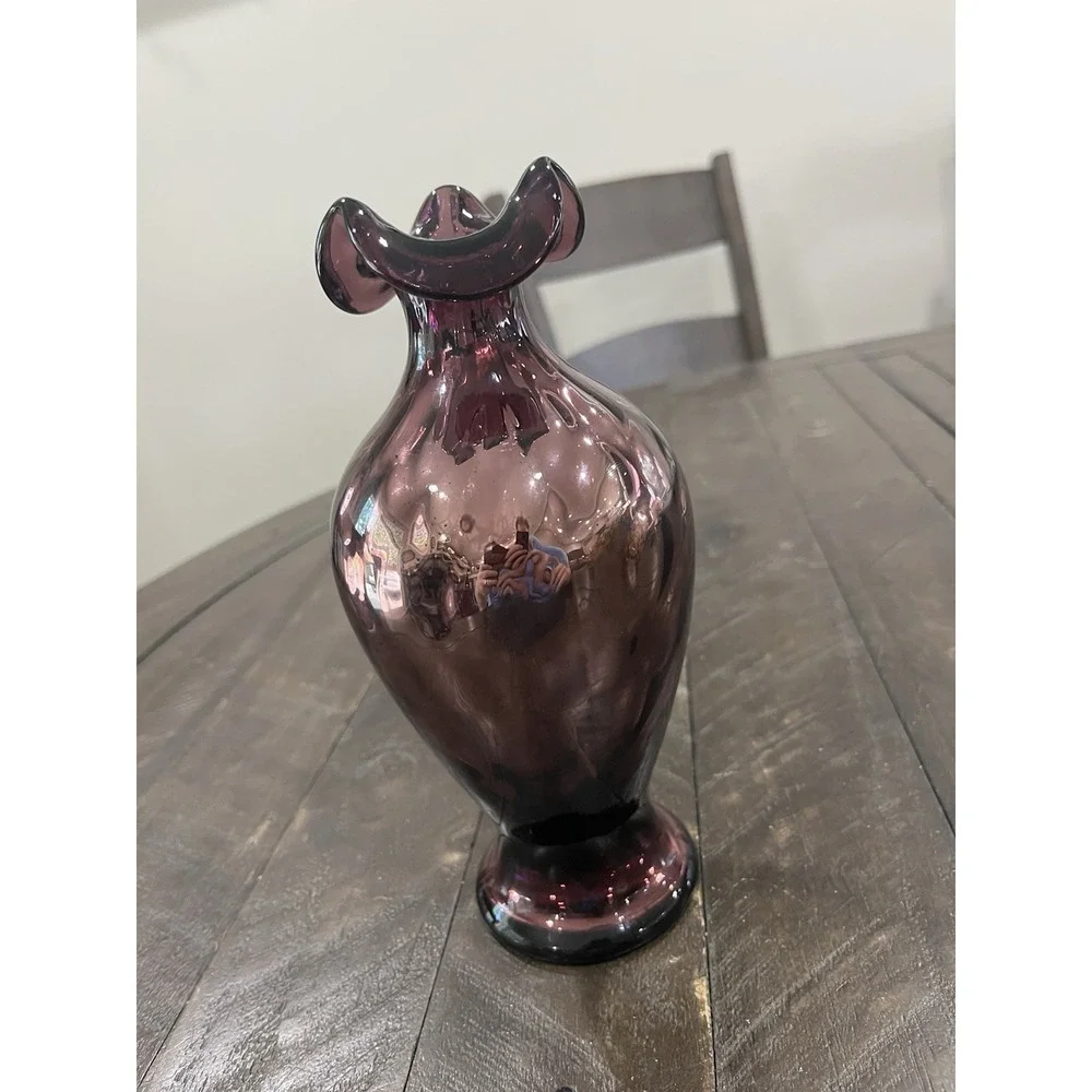 Fenton Glass Aubergine Amethyst Iridescent Diamond Optic Vase Purple